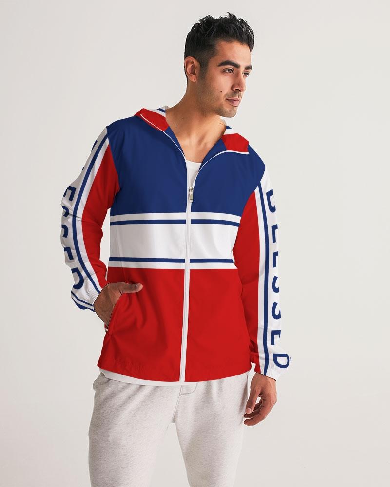 Mens Hooded Windbreaker / Red White Blue Blessed Print