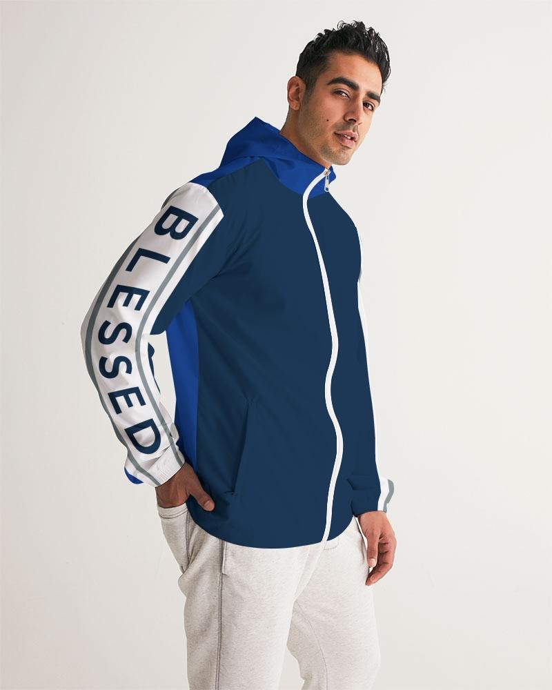 Mens Hooded Windbreaker - Blessed Sleeve Stripe Blue Water Resistant