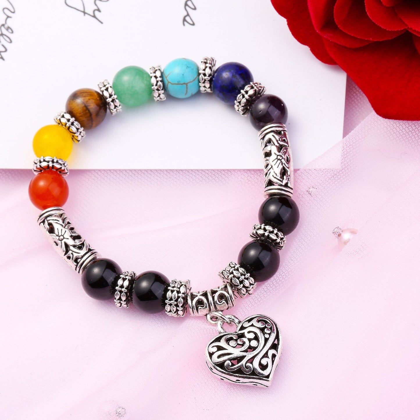 Women's Filigree Heart Rainbow Chakra Bracelet