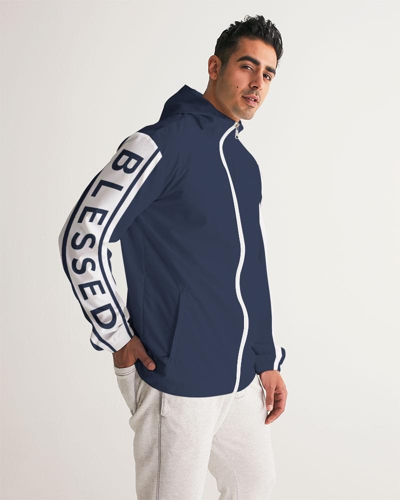 Mens Hooded Windbreaker - Blessed Sleeve Stripe Blue Water Resistant