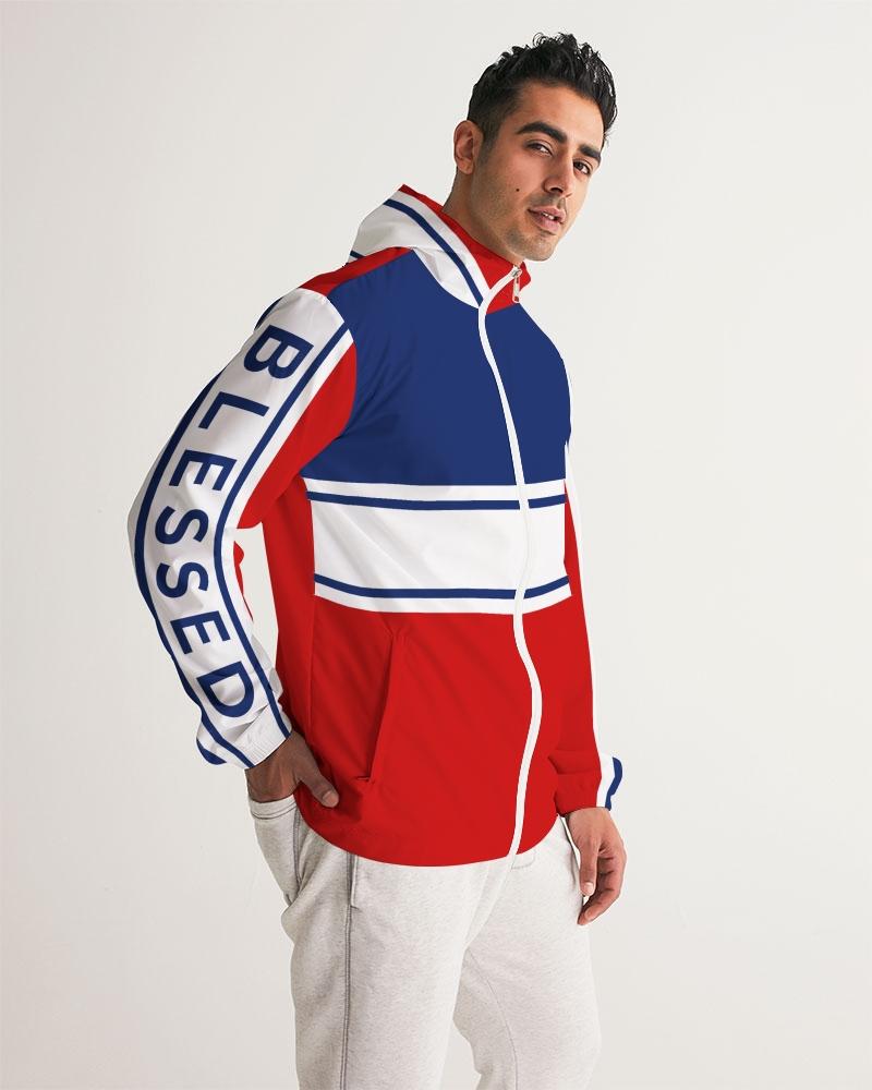 Mens Hooded Windbreaker / Red White Blue Blessed Print