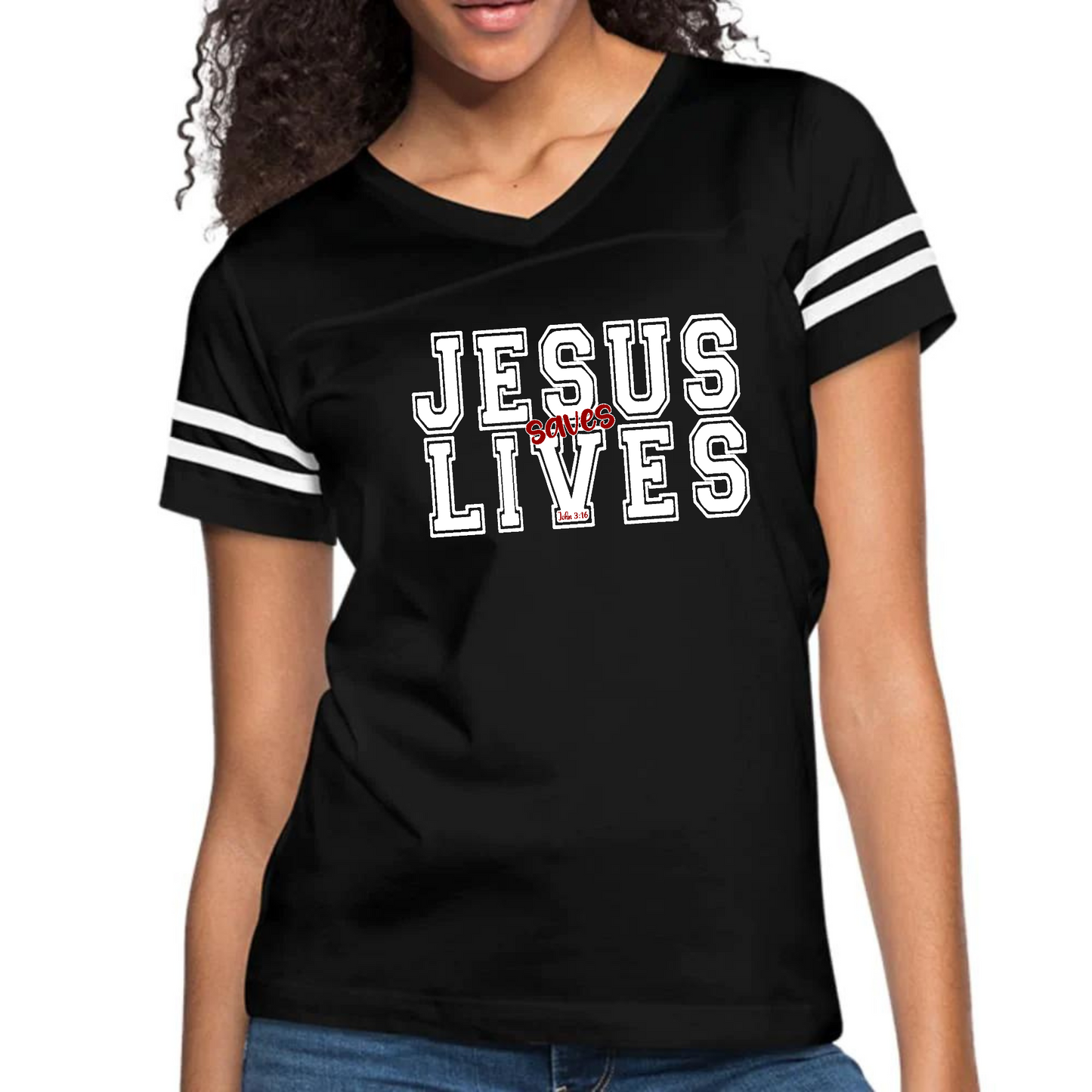 Womens Vintage Sport Graphic, "JESUS SAVES LIVES",  T-shirt.