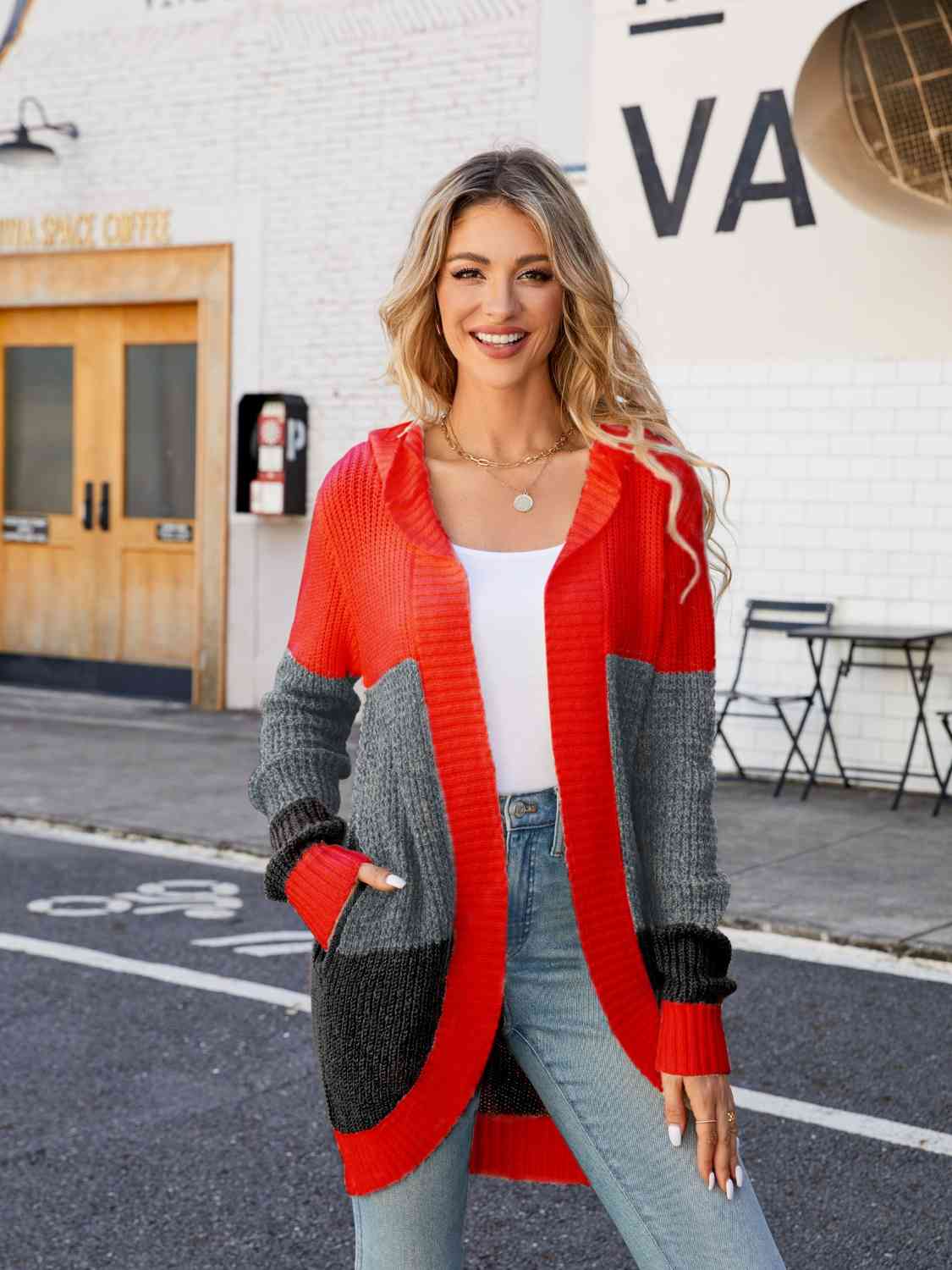 Stay Cozy and Stylish with our Color Block Open Front Hooded Cardigan